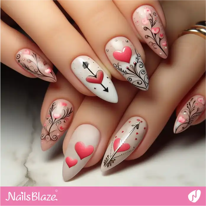 Filigree Nail Art with Hearts and Arrows | Valentine Nails - NB2366